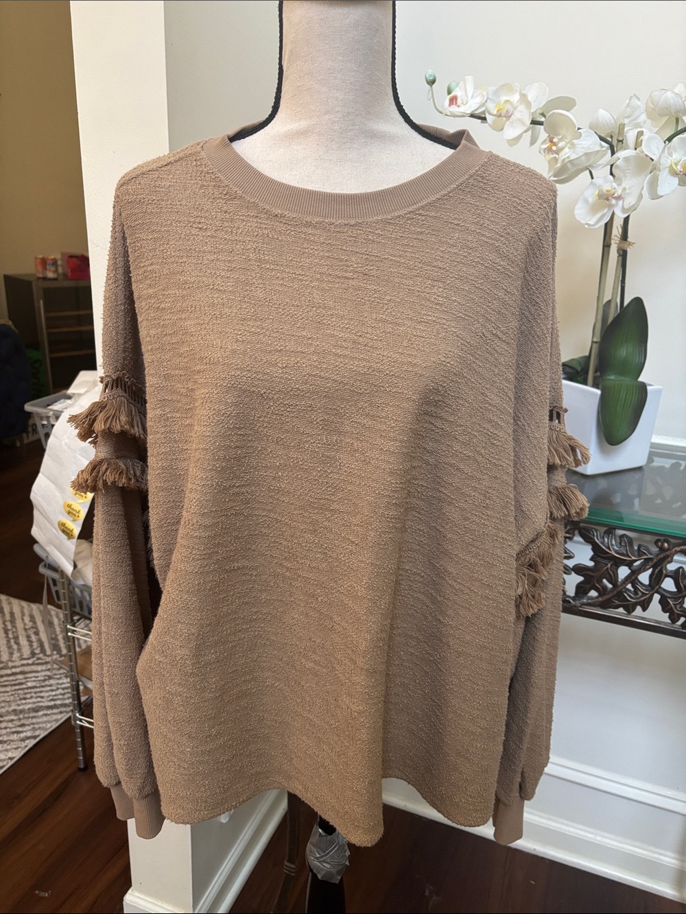 aerie Taupe Fringe Sleeve Crewneck Sweater